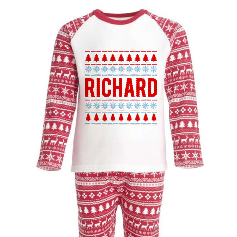 Personalised Christmas Pyjamas Fair Isle Style Print Blue Red and White