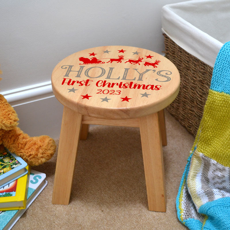 Personalised First Christmas Baby Stool Solid Wood Engraved or Colour Print