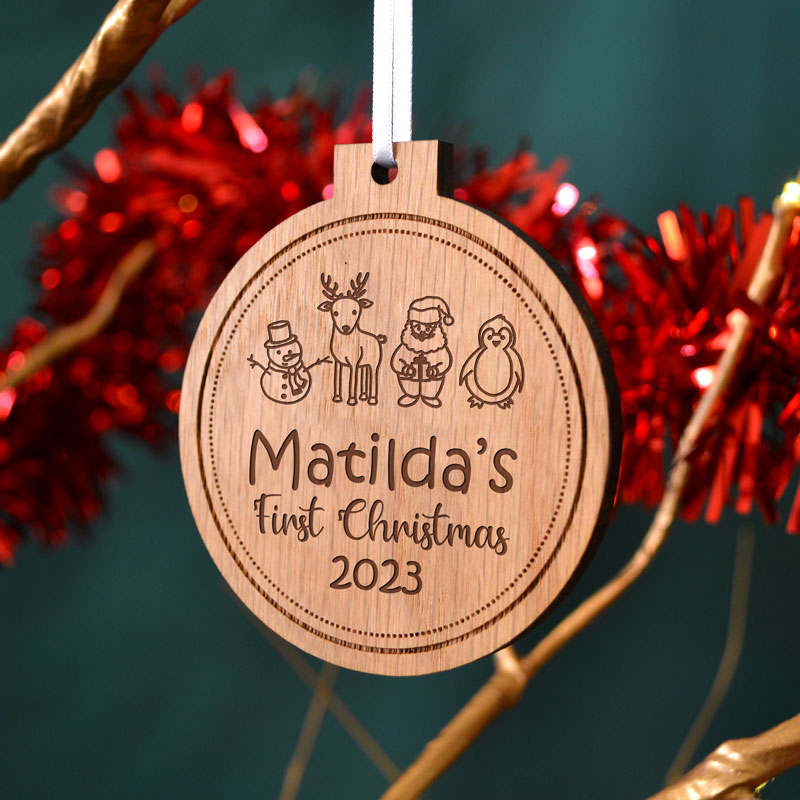 Personalised First Christmas Decorations Solid Oak Santa Snowman Penguin Reindeer