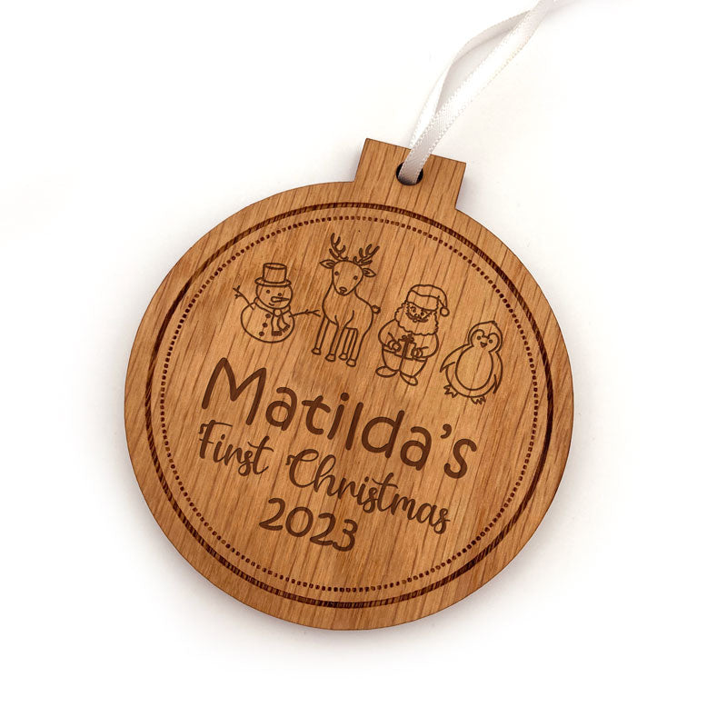 Personalised First Christmas Decorations Solid Oak Santa Snowman Penguin Reindeer