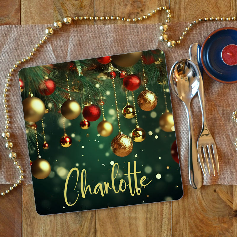 Personalised Christmas Placemat Glitter Bauble Print with Name