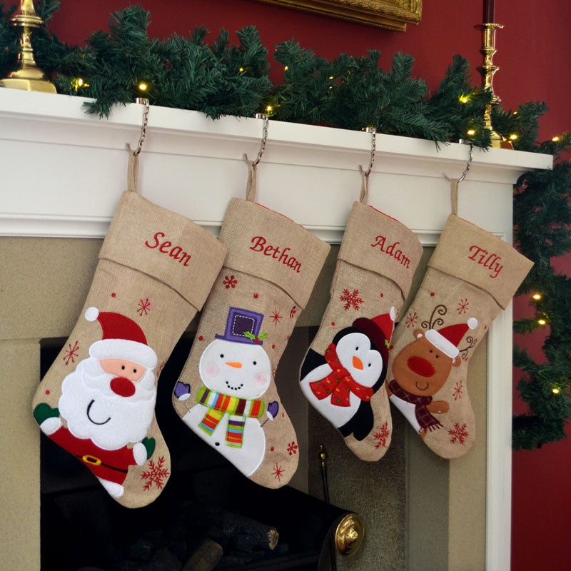 Personalised Hessian Embroidered Luxury Christmas Stockings with Penguin Reindeer Snowman or Santa