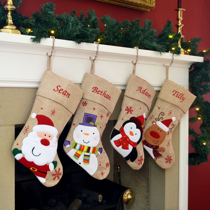 Personalised Hessian Embroidered Luxury Christmas Stockings with Penguin Reindeer Snowman or Santa