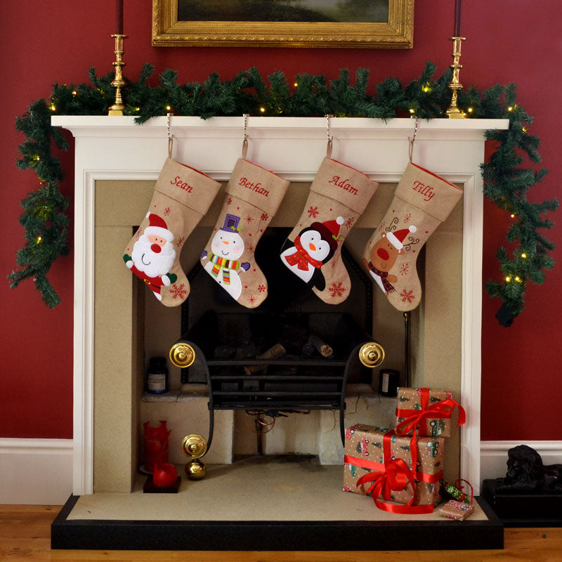 Personalised Hessian Embroidered Luxury Christmas Stockings with Penguin Reindeer Snowman or Santa