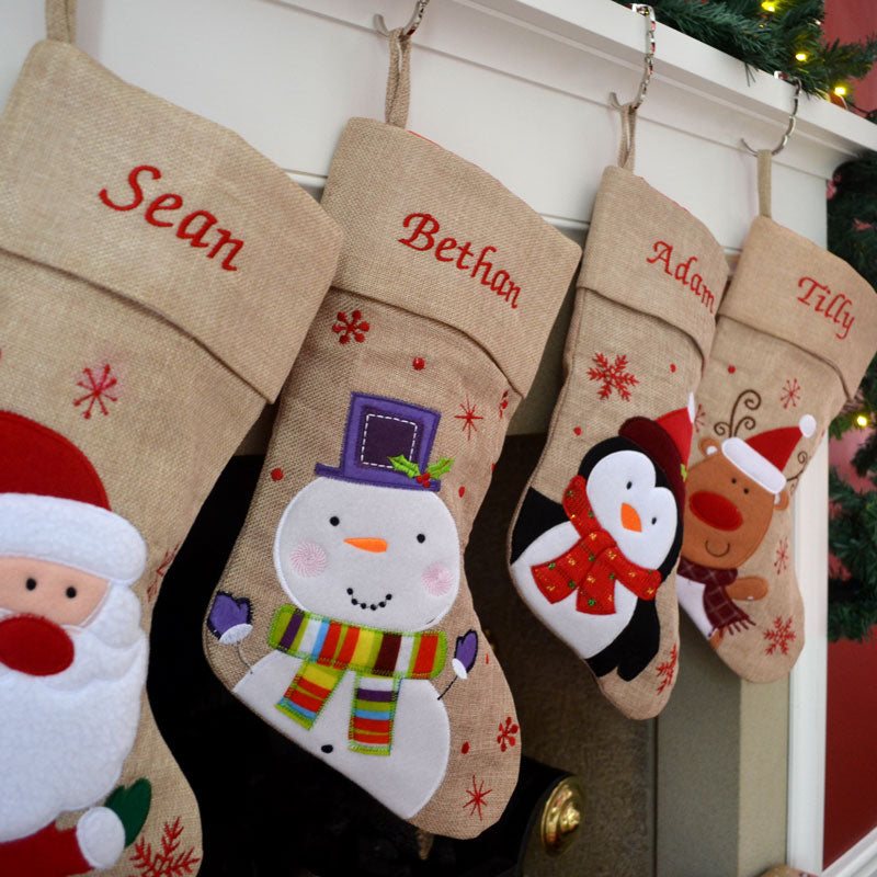 Personalised Hessian Embroidered Luxury Christmas Stockings with Penguin Reindeer Snowman or Santa