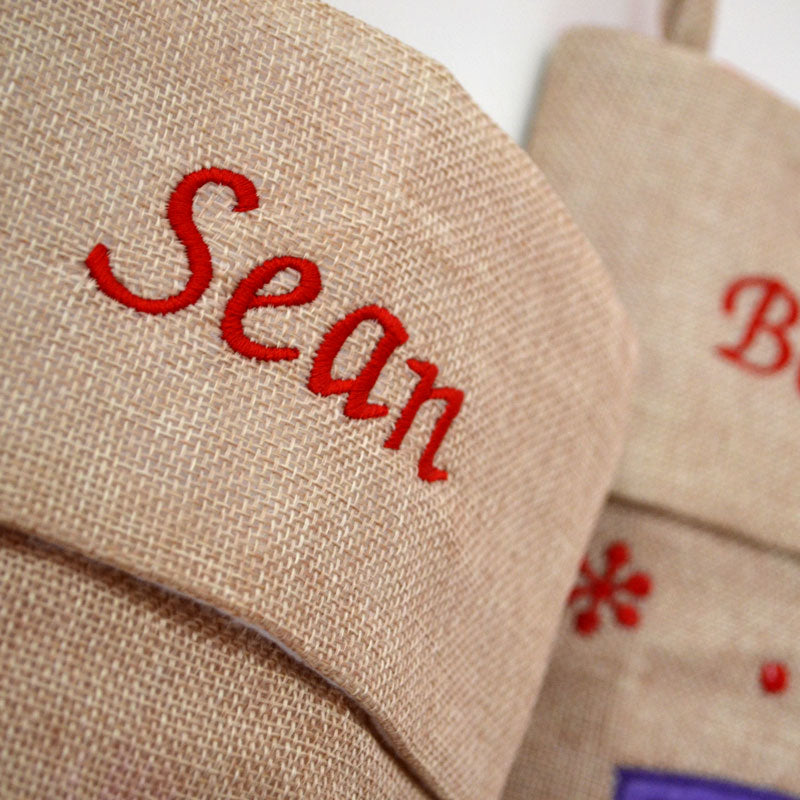 Personalised Hessian Embroidered Luxury Christmas Stockings with Penguin Reindeer Snowman or Santa