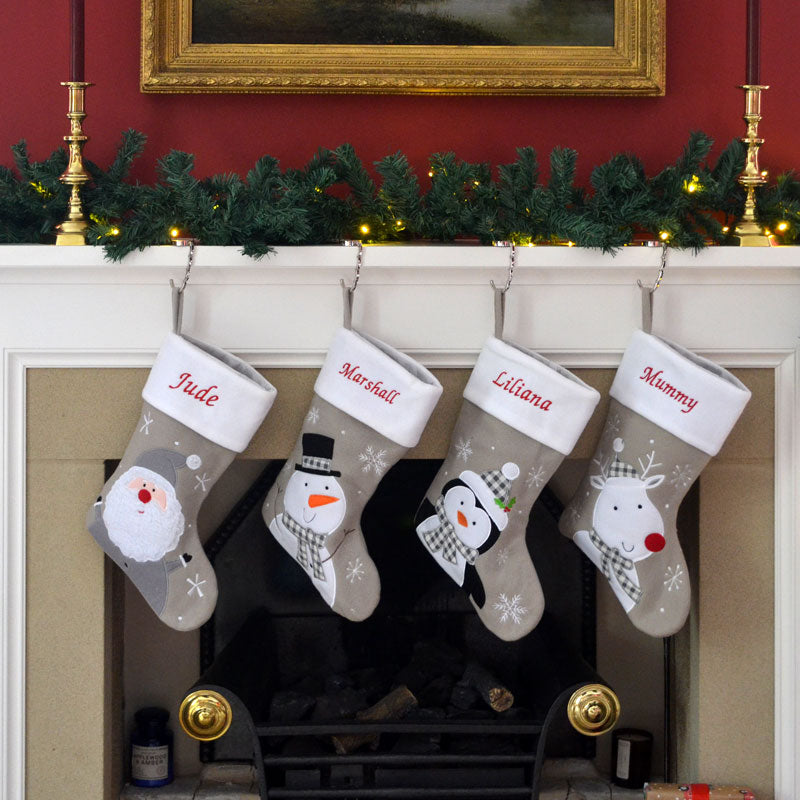 Luxury Deluxe Silver Personalised Embroidered Christmas Stocking Santa / Snowman / Reindeer