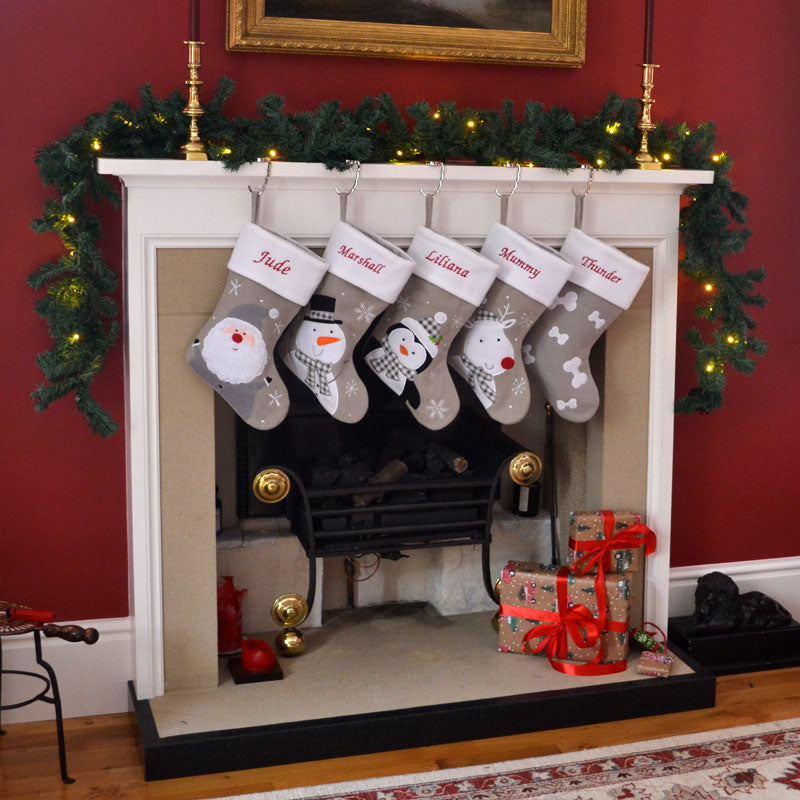 Luxury Deluxe Silver Personalised Embroidered Christmas Stocking Santa / Snowman / Reindeer