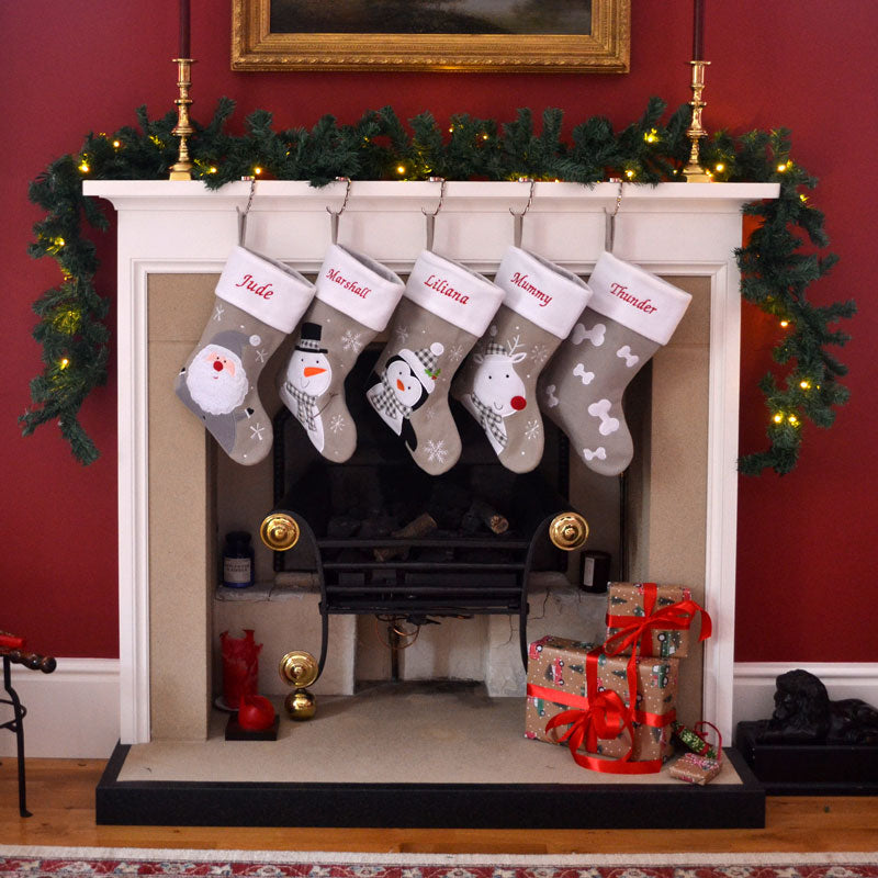 Luxury Deluxe Silver Personalised Embroidered Christmas Stocking Santa / Snowman / Reindeer