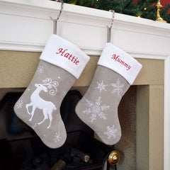 Luxury Personalised Embroidered White and Silver Christmas Stockings with Snowflakes or Reindeer