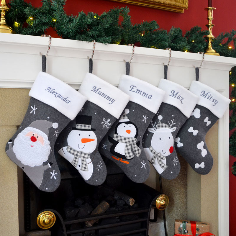 Luxury Deluxe Dark Grey Personalised Embroidered Christmas Stocking Santa / Snowman / Reindeer