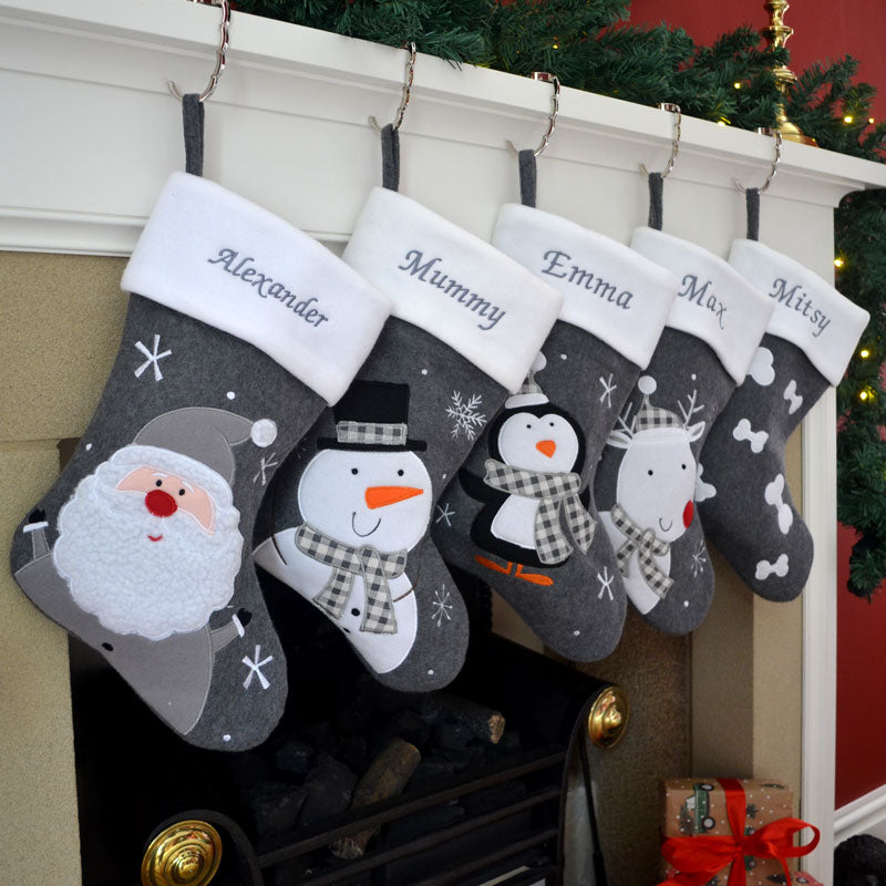 Luxury Deluxe Dark Grey Personalised Embroidered Christmas Stocking Santa / Snowman / Reindeer