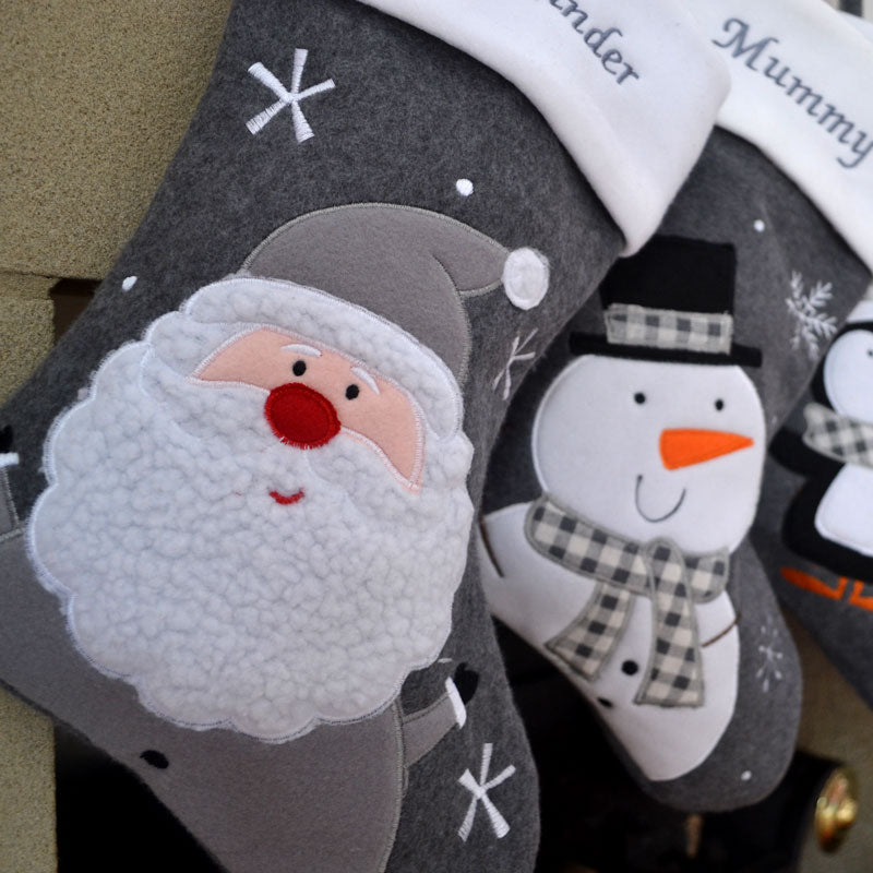 Luxury Deluxe Dark Grey Personalised Embroidered Christmas Stocking Santa / Snowman / Reindeer