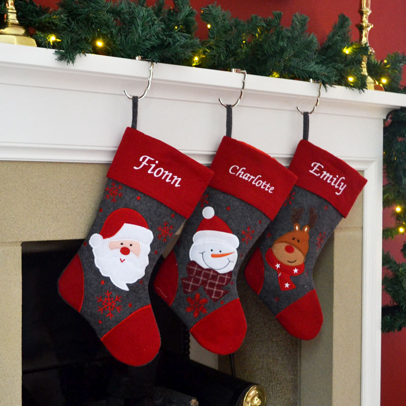 Luxury Deluxe Personalised Embroidered Christmas Stocking Grey Santa / Snowman / Reindeer