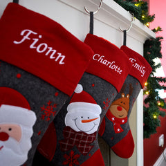 Luxury Deluxe Personalised Embroidered Christmas Stocking Grey Santa / Snowman / Reindeer