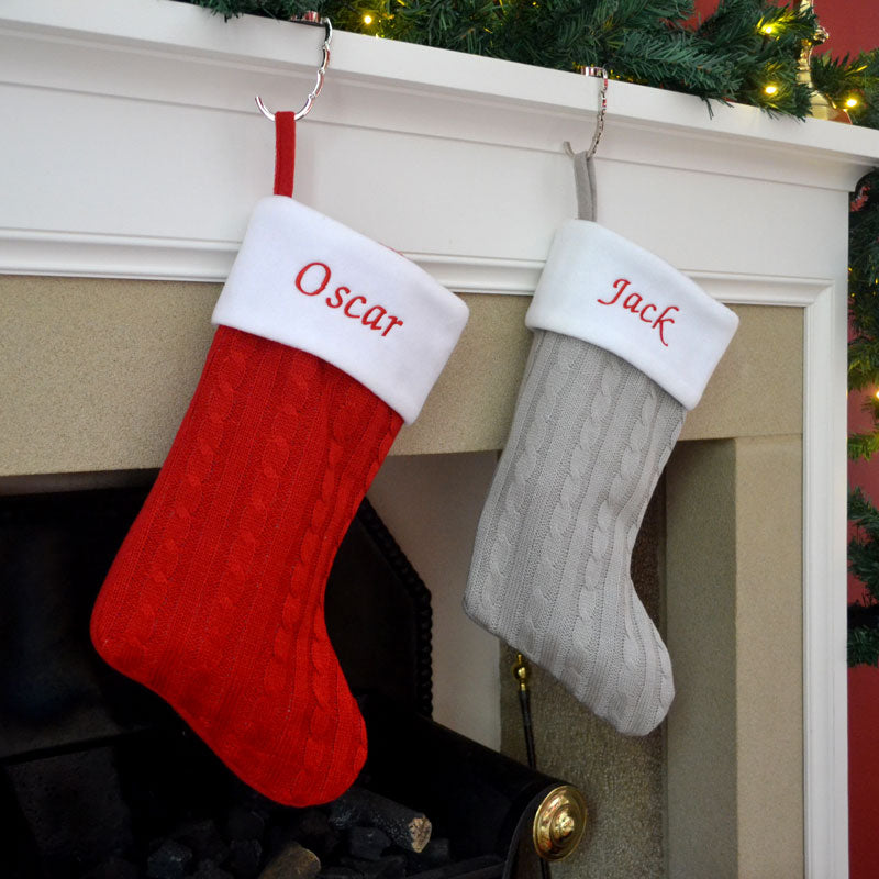 Luxury Personalised Embroidered Knitted Christmas Stockings in Red or Silver