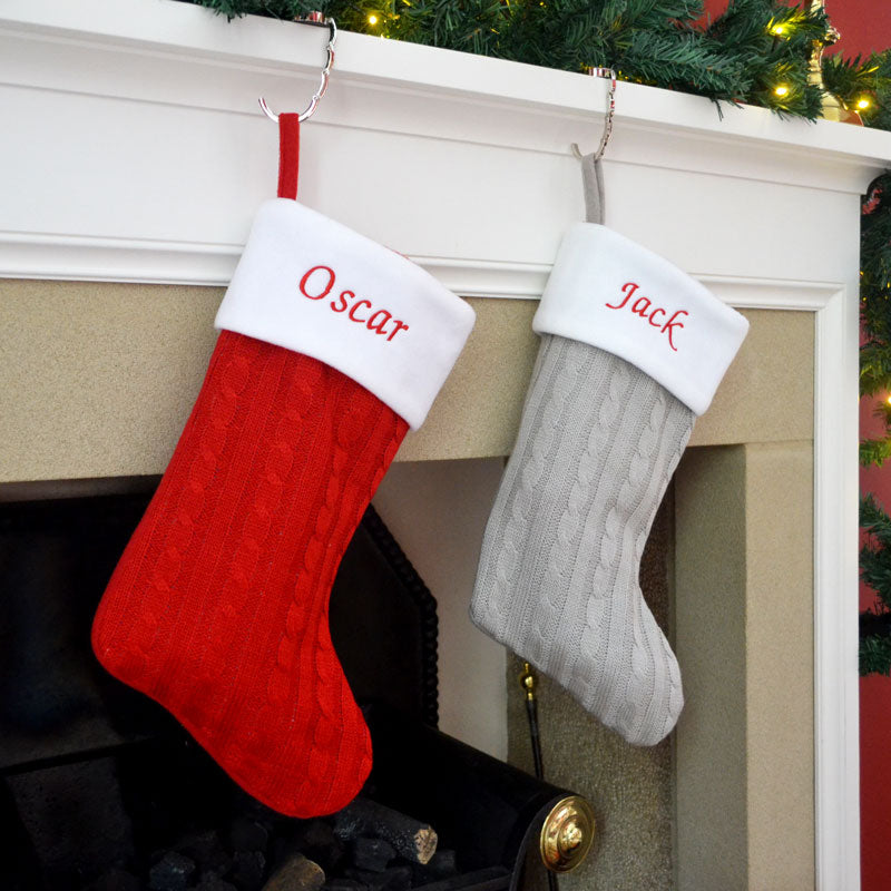 Luxury Personalised Embroidered Knitted Christmas Stockings in Red or Silver