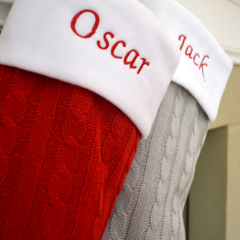 Luxury Personalised Embroidered Knitted Christmas Stockings in Red or Silver