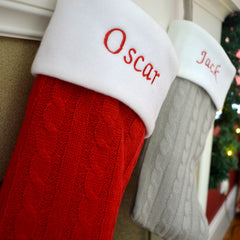 Luxury Personalised Embroidered Knitted Christmas Stockings in Red or Silver