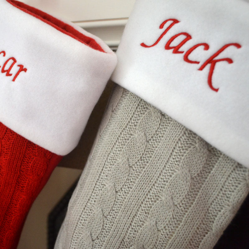 Luxury Personalised Embroidered Knitted Christmas Stockings in Red or Silver