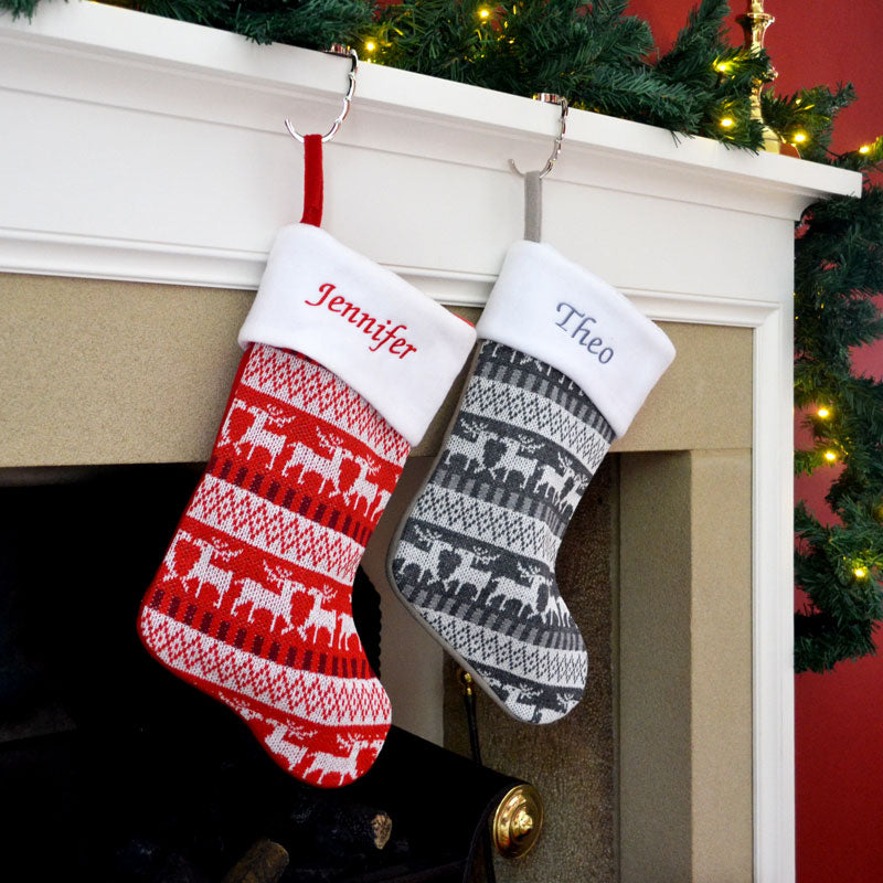 Luxury Personalised Embroidered Knitted Reindeer Christmas Stockings in Red or Silver