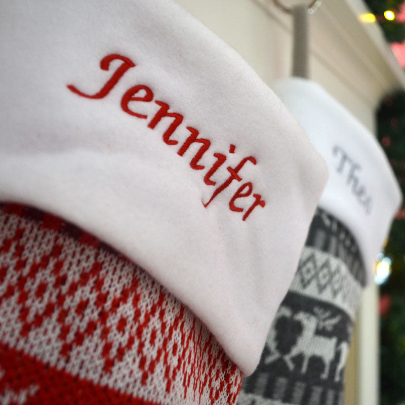 Luxury Personalised Embroidered Knitted Reindeer Christmas Stockings in Red or Silver