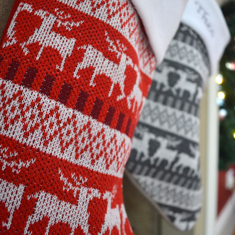 Luxury Personalised Embroidered Knitted Reindeer Christmas Stockings in Red or Silver