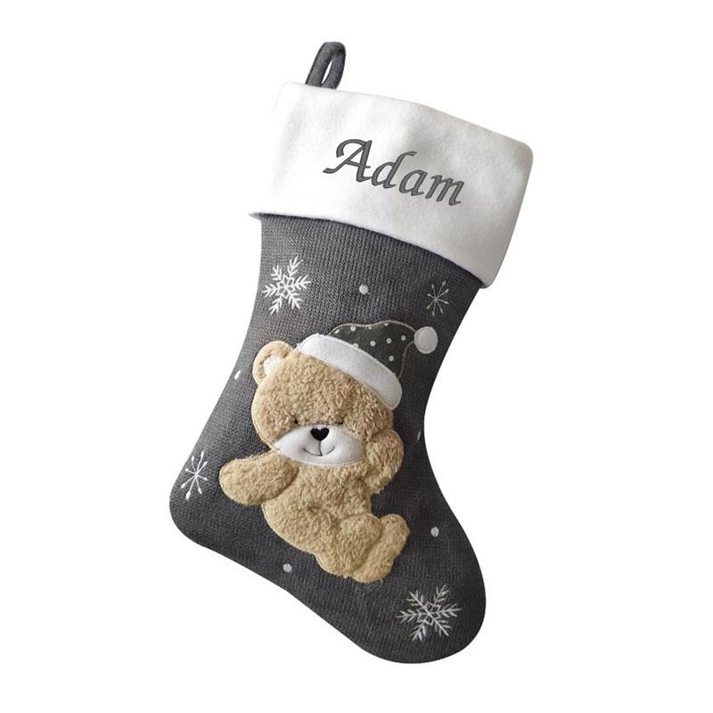 Dark Silver Knitted Personalised Baby Teddy Embroidered Christmas Stocking