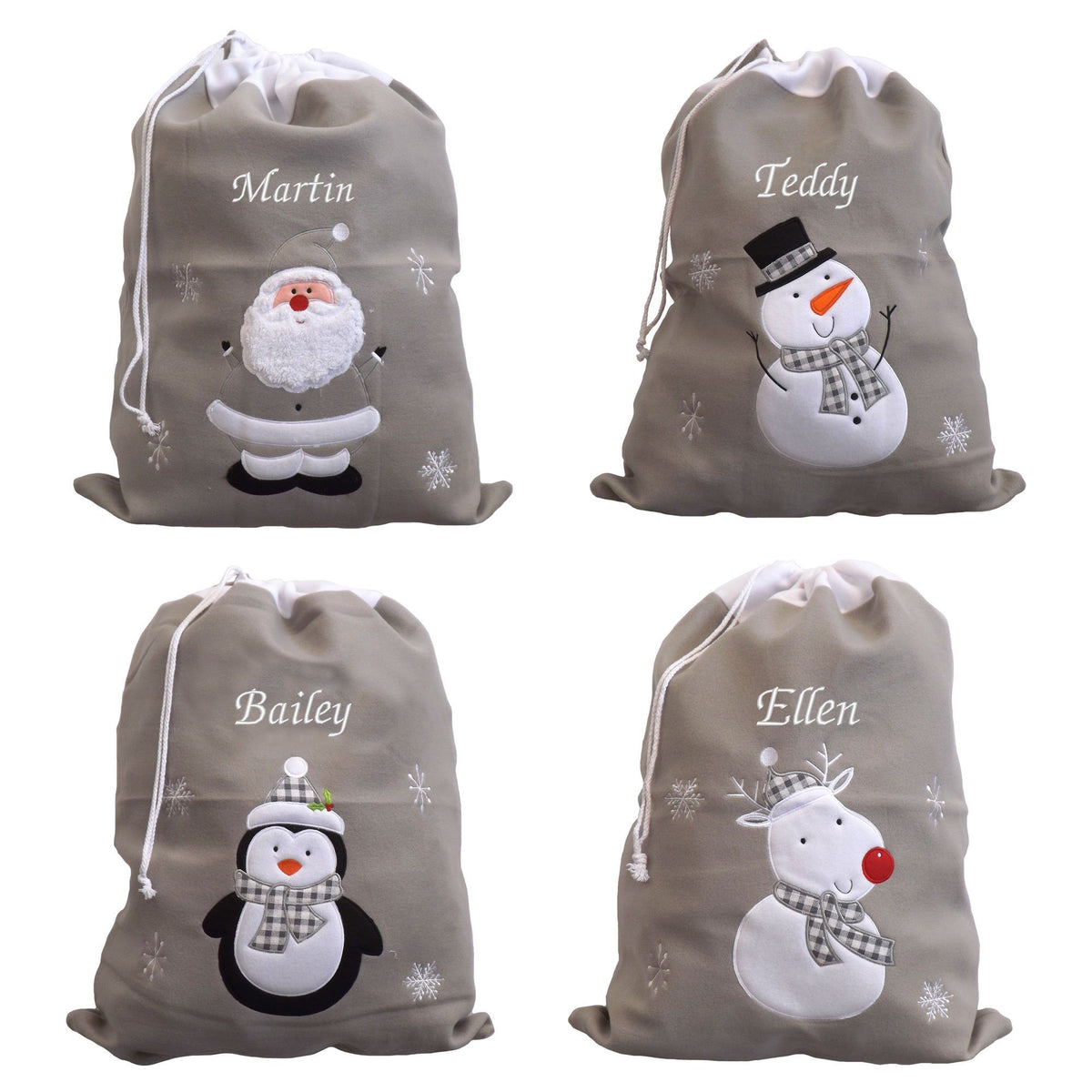 Personalised Luxury Deluxe Embroidered Silver Santa Sack - Santa, Snowman, Penguin & Reindeer