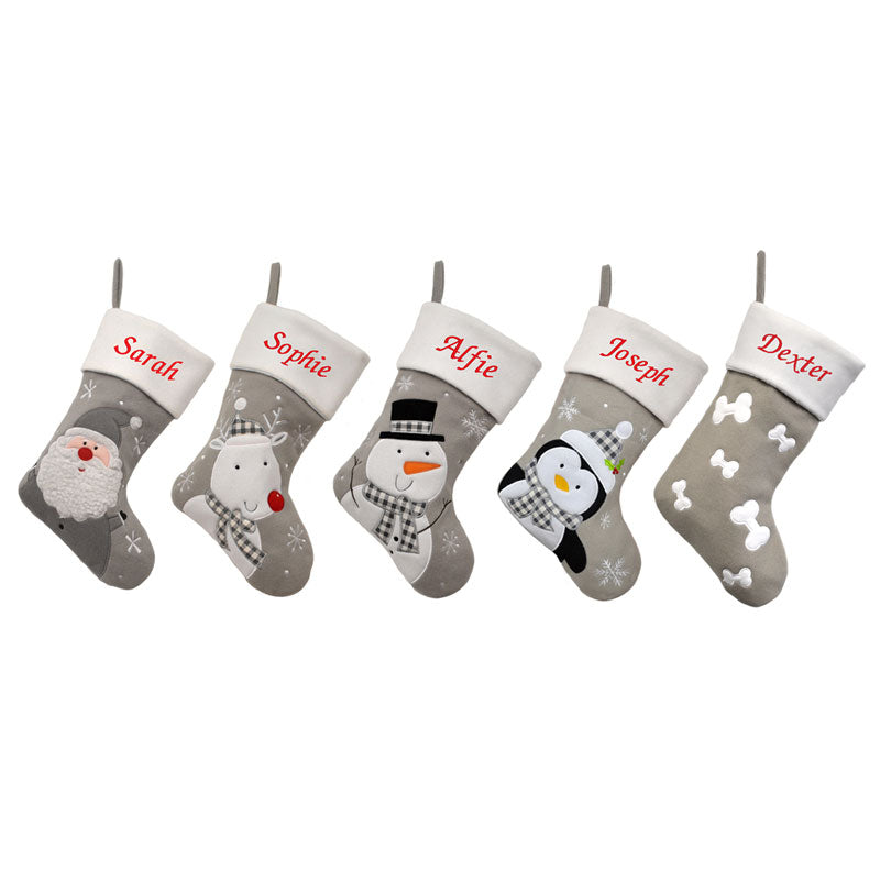 Luxury Deluxe Silver Personalised Embroidered Christmas Stocking Santa / Snowman / Reindeer