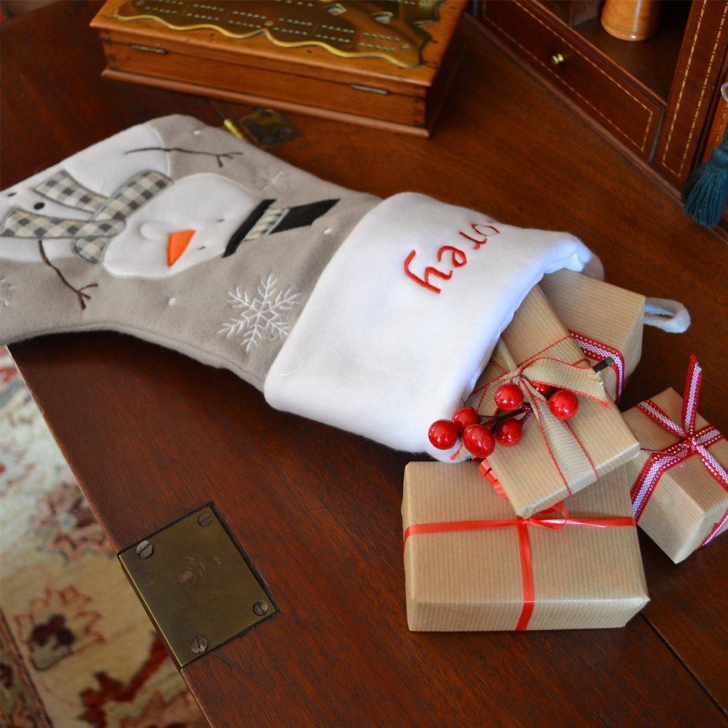 A personalised Christmas stocking on a desk filled with presents