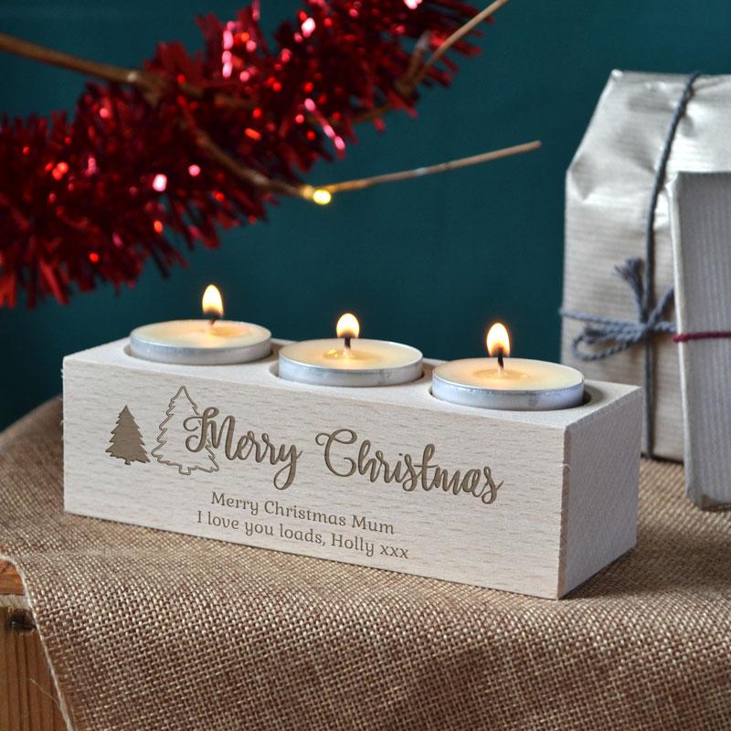 Personalised Christmas Triple Tealight Holder Wooden Engraved