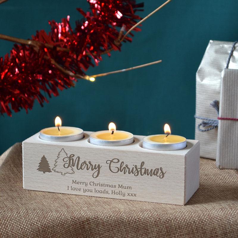 Personalised Christmas Triple Tealight Holder Wooden Engraved