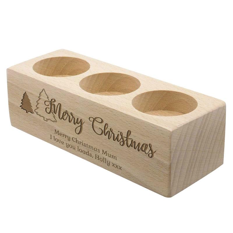 Personalised Christmas Triple Tealight Holder Wooden Engraved