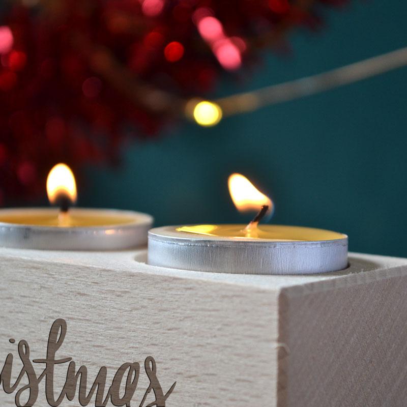 Personalised Christmas Triple Tealight Holder Wooden Engraved